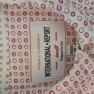 White w/ pink design button down shirt International Report Designed for Fun